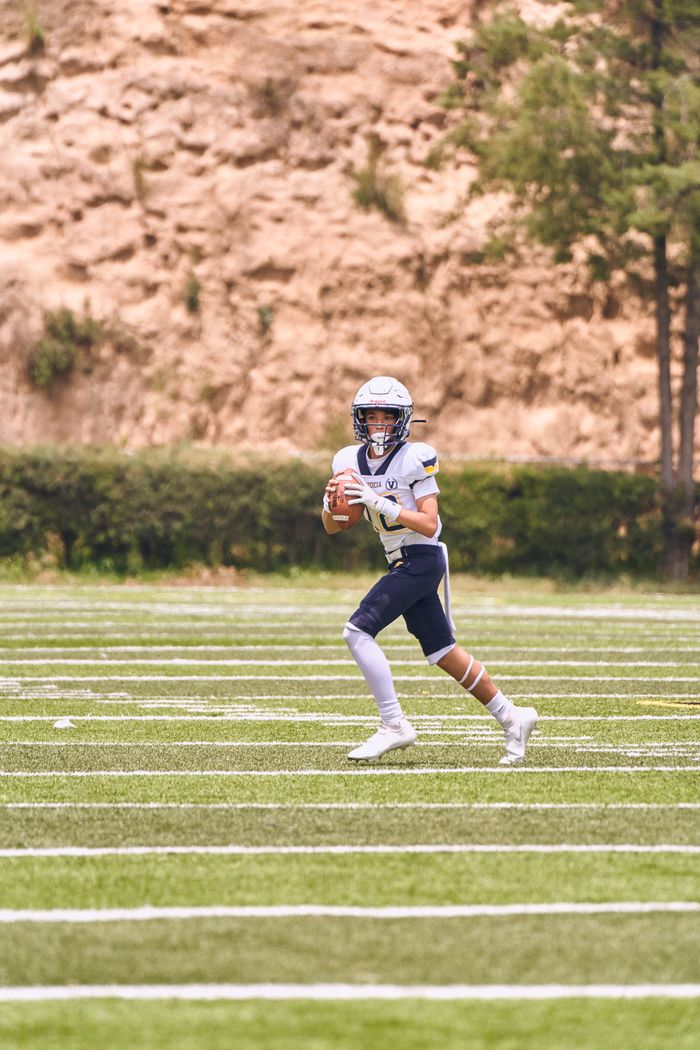 Young quarterback preparing to throw on a sunny day football field. Athletic sport.
